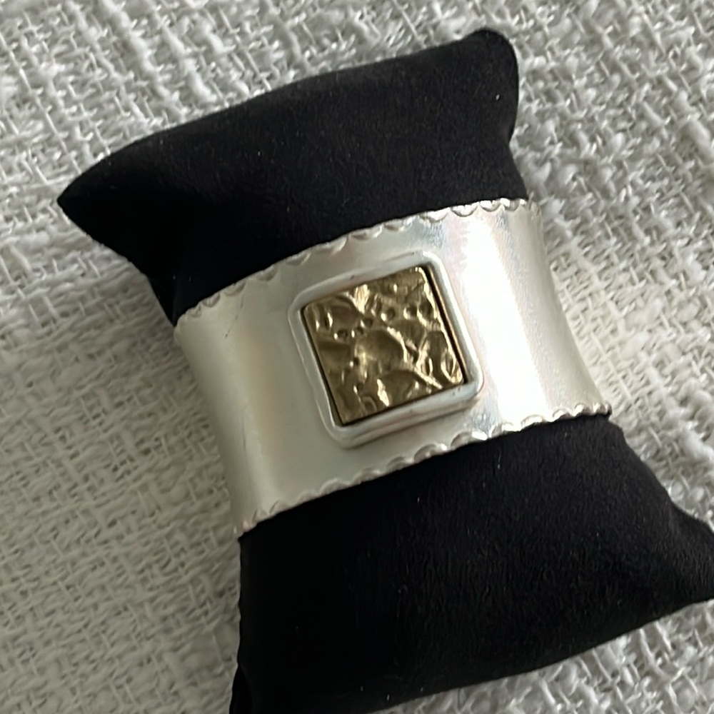 Rustic Cuff Silver Gold Two Tone Wide Cuff Bracel… - image 1